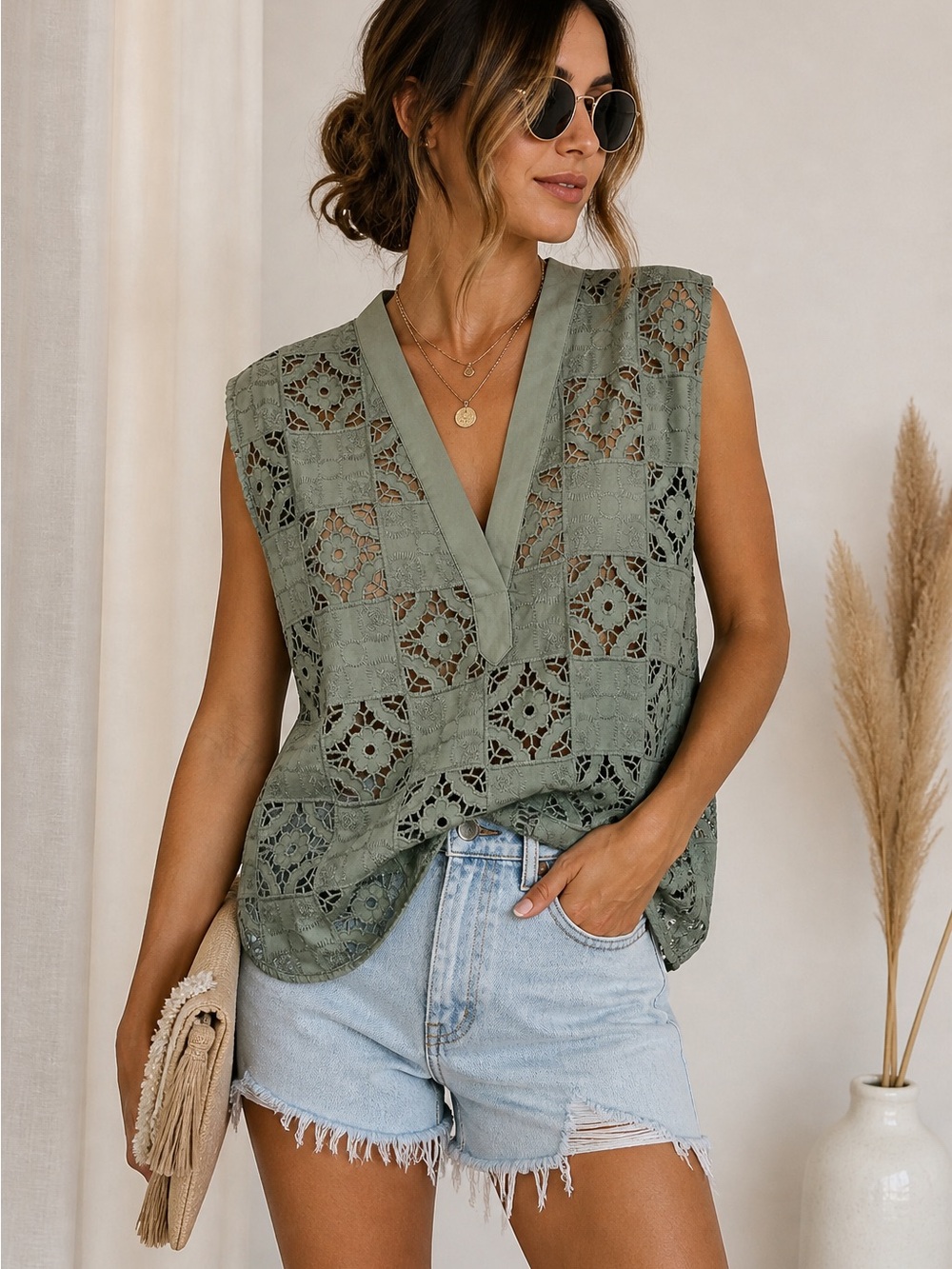 ZARA Lace Embroidered Blouse Women Medium Green Sheer Sleeveless NWT Boho Top